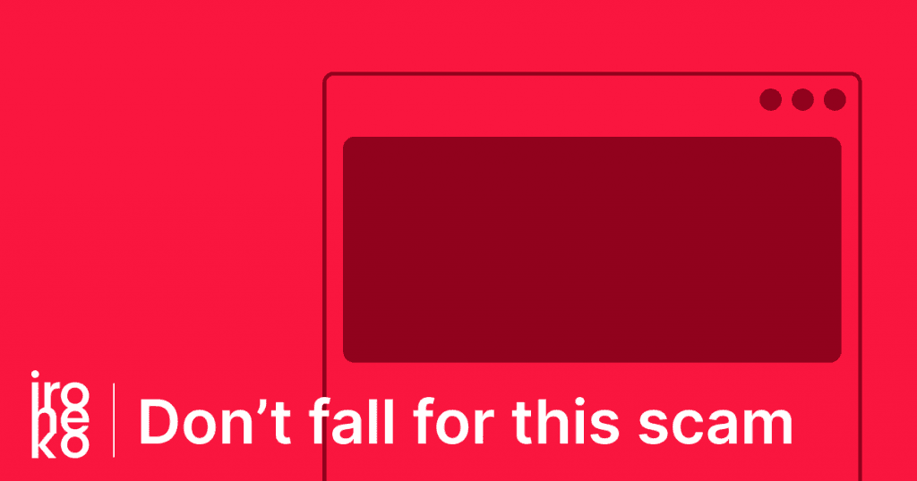 A large red illustration containing the words "Don't fall for this scam"