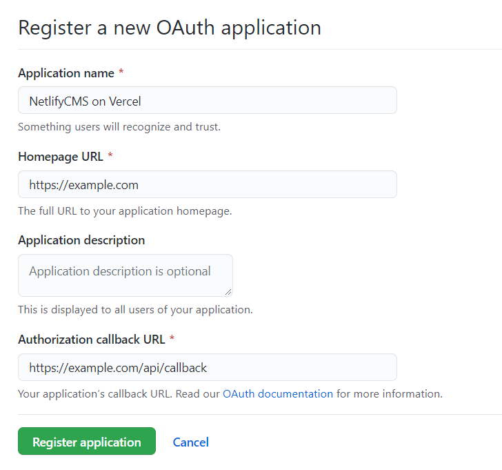 an image containing the settings needed for Netlify CMS on Vercel